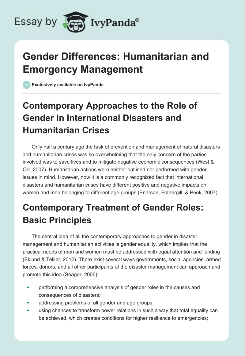 Gender Differences: Humanitarian and Emergency Management. Page 1
