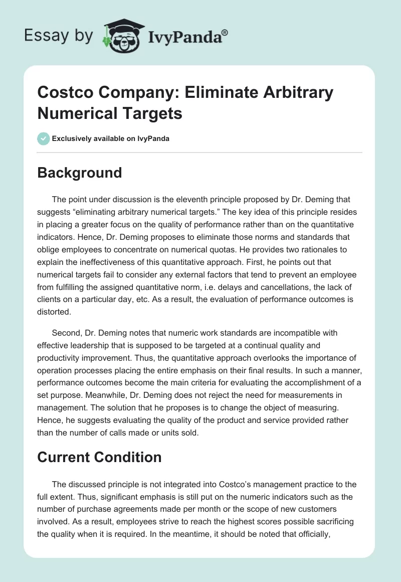 Costco Company: Eliminate Arbitrary Numerical Targets. Page 1