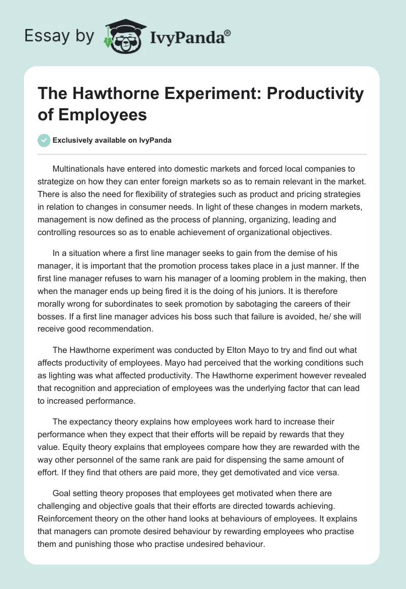 The Hawthorne Experiment: Productivity of Employees. Page 1