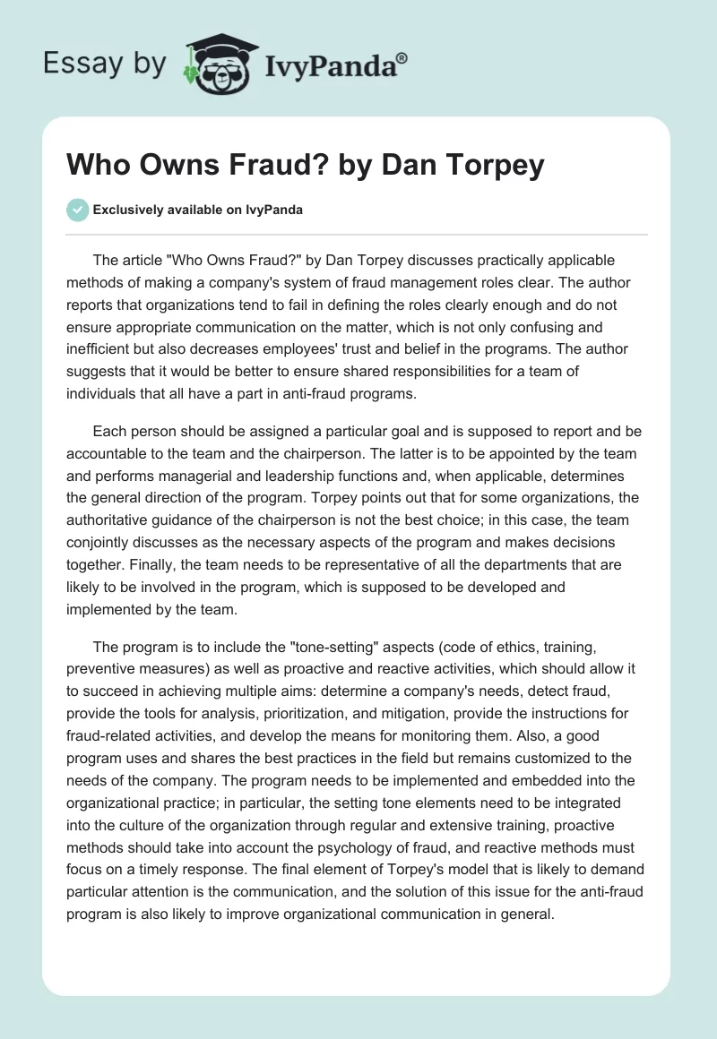 "Who Owns Fraud?" by Dan Torpey. Page 1