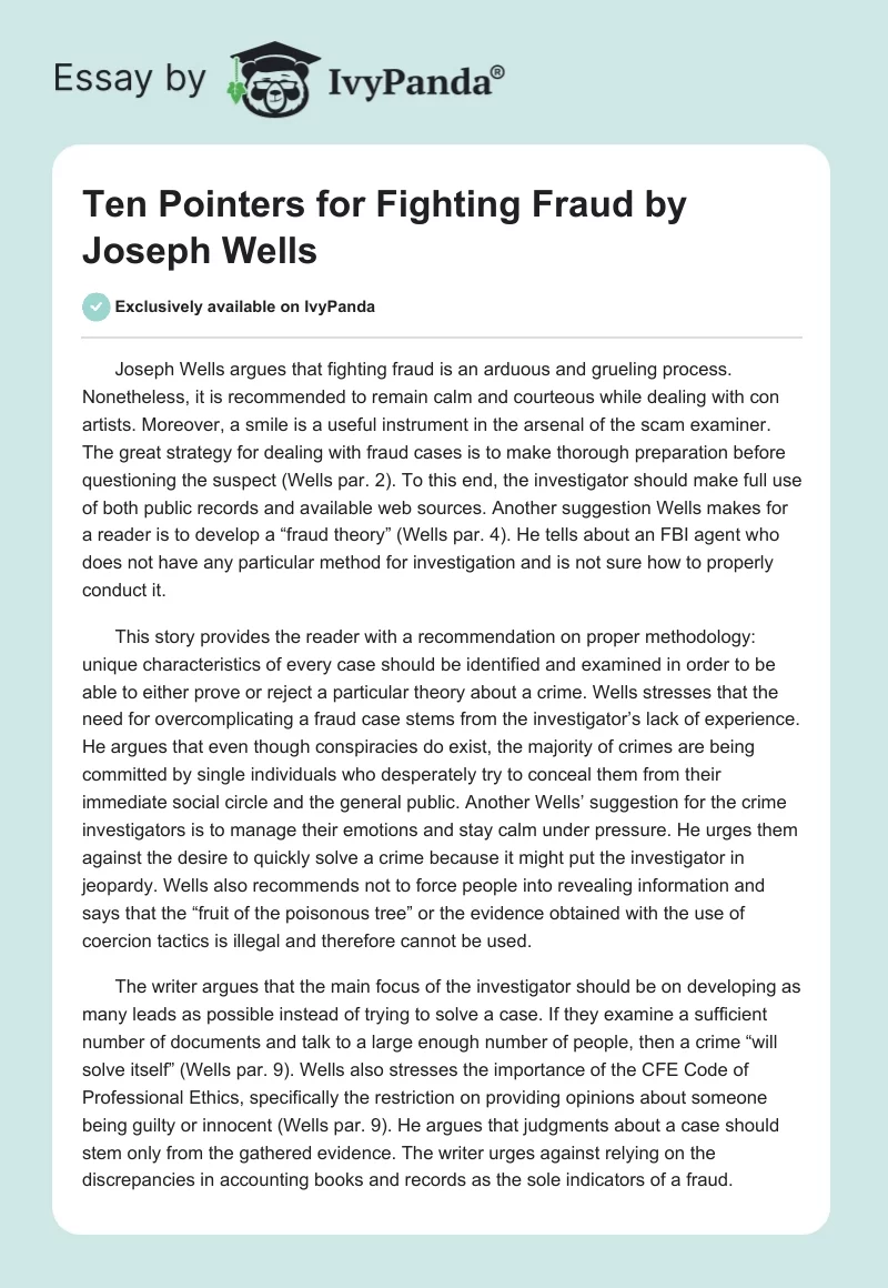 "Ten Pointers for Fighting Fraud" by Joseph Wells. Page 1