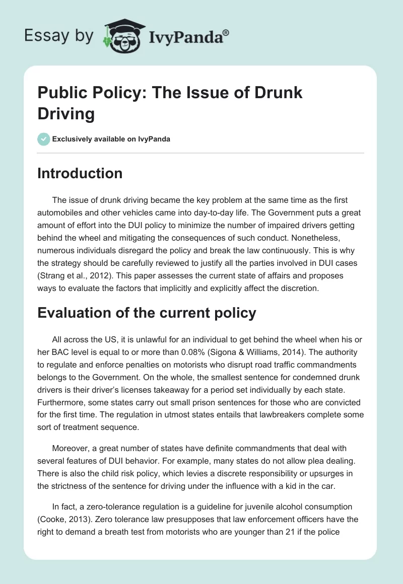 Public Policy: The Issue of Drunk Driving. Page 1