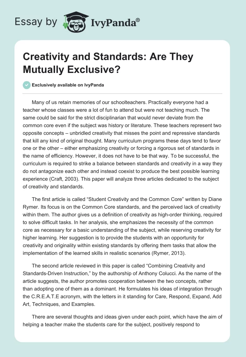 Creativity and Standards: Are They Mutually Exclusive?. Page 1