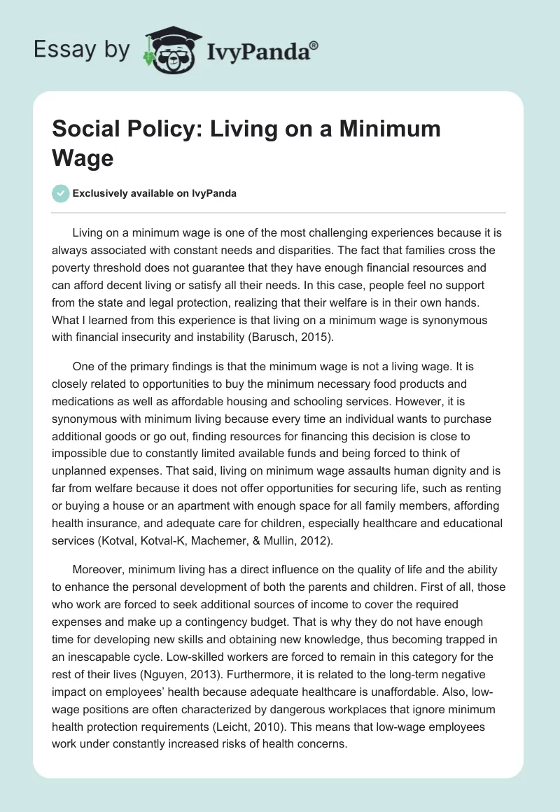 Social Policy: Living on a Minimum Wage. Page 1