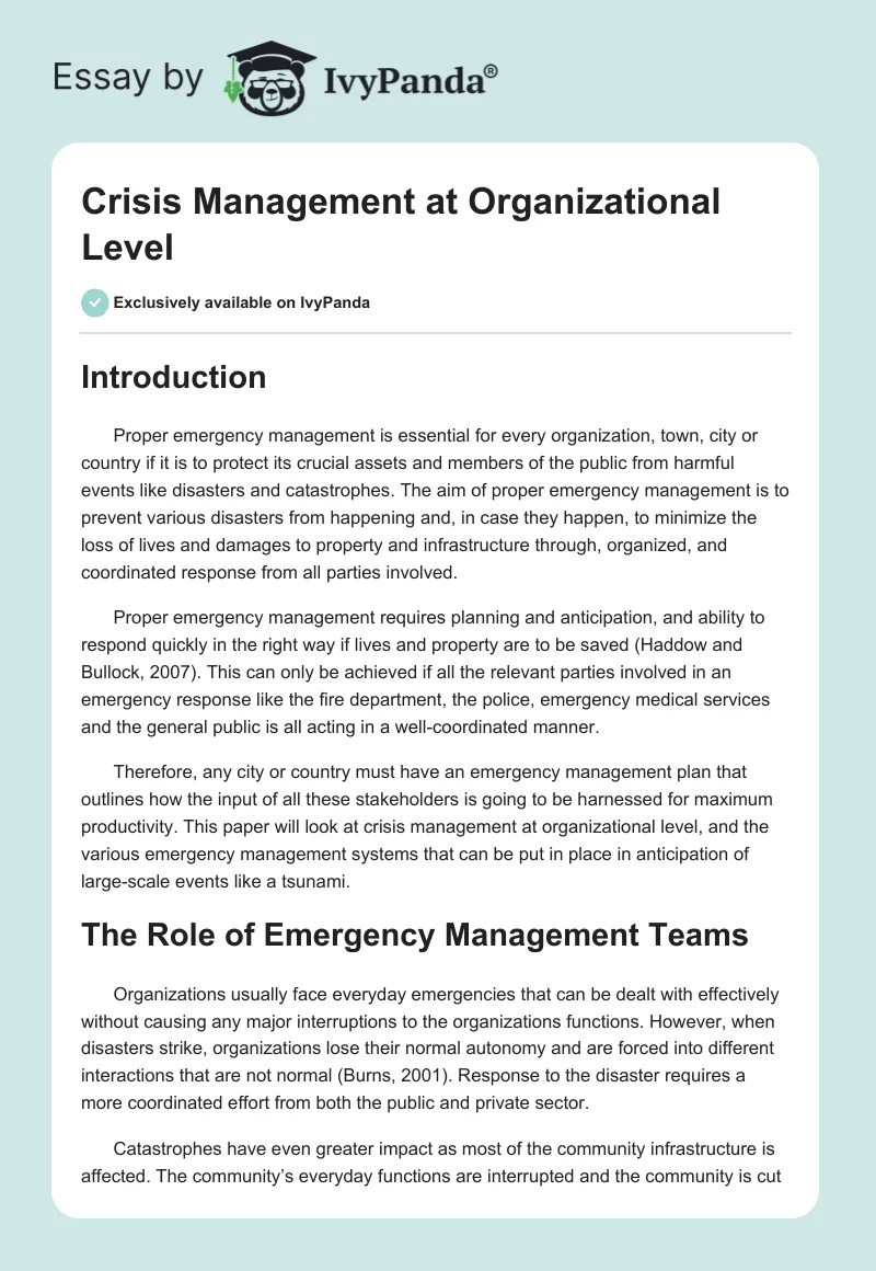 Crisis Management at Organizational Level. Page 1