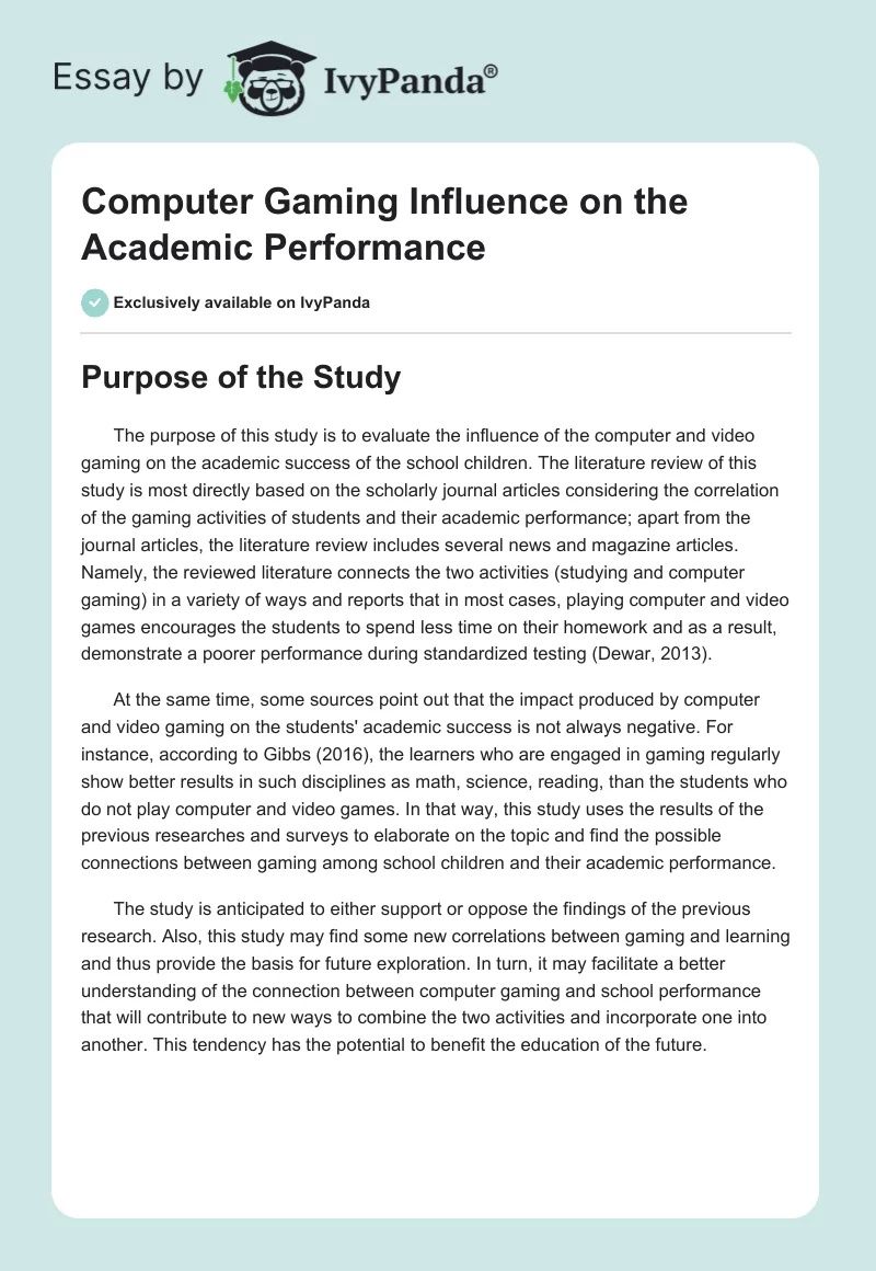 Computer Gaming Influence on the Academic Performance. Page 1