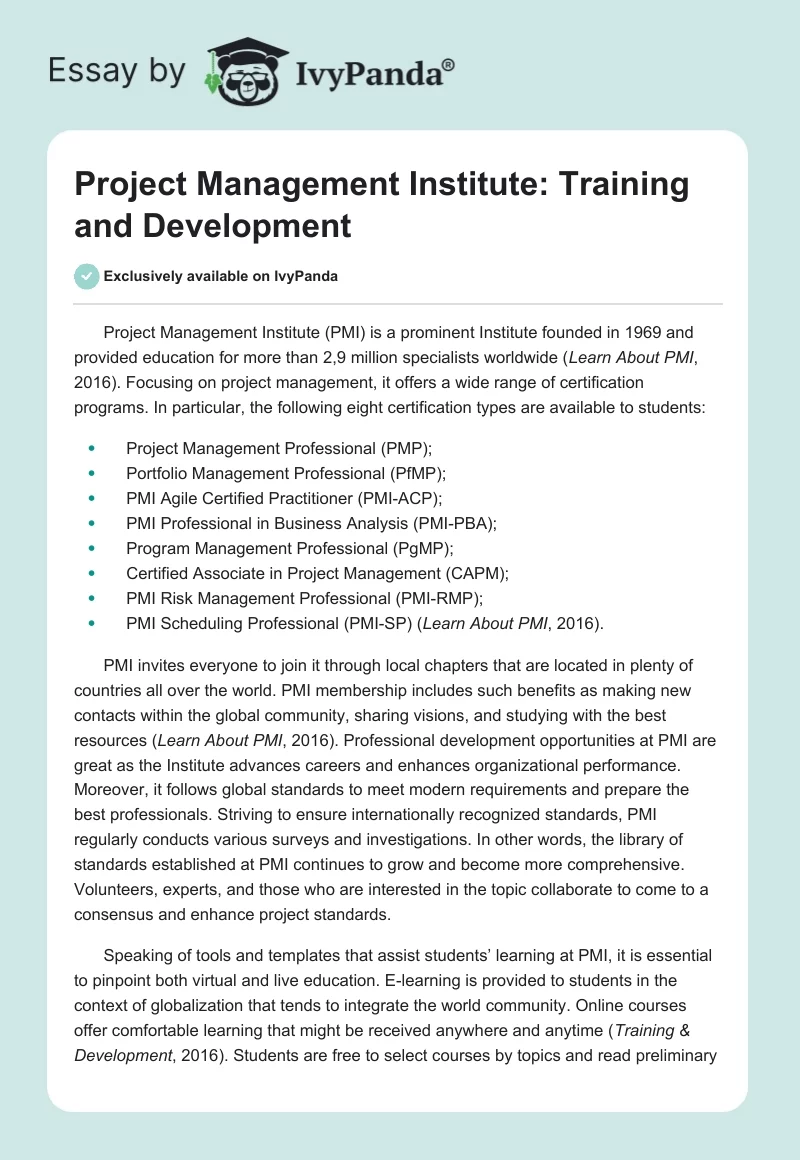 Project Management Institute: Training and Development. Page 1