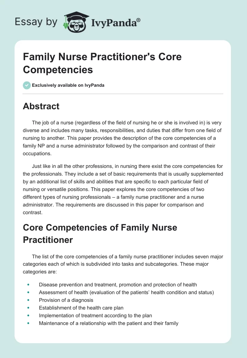 Family Nurse Practitioner's Core Competencies. Page 1