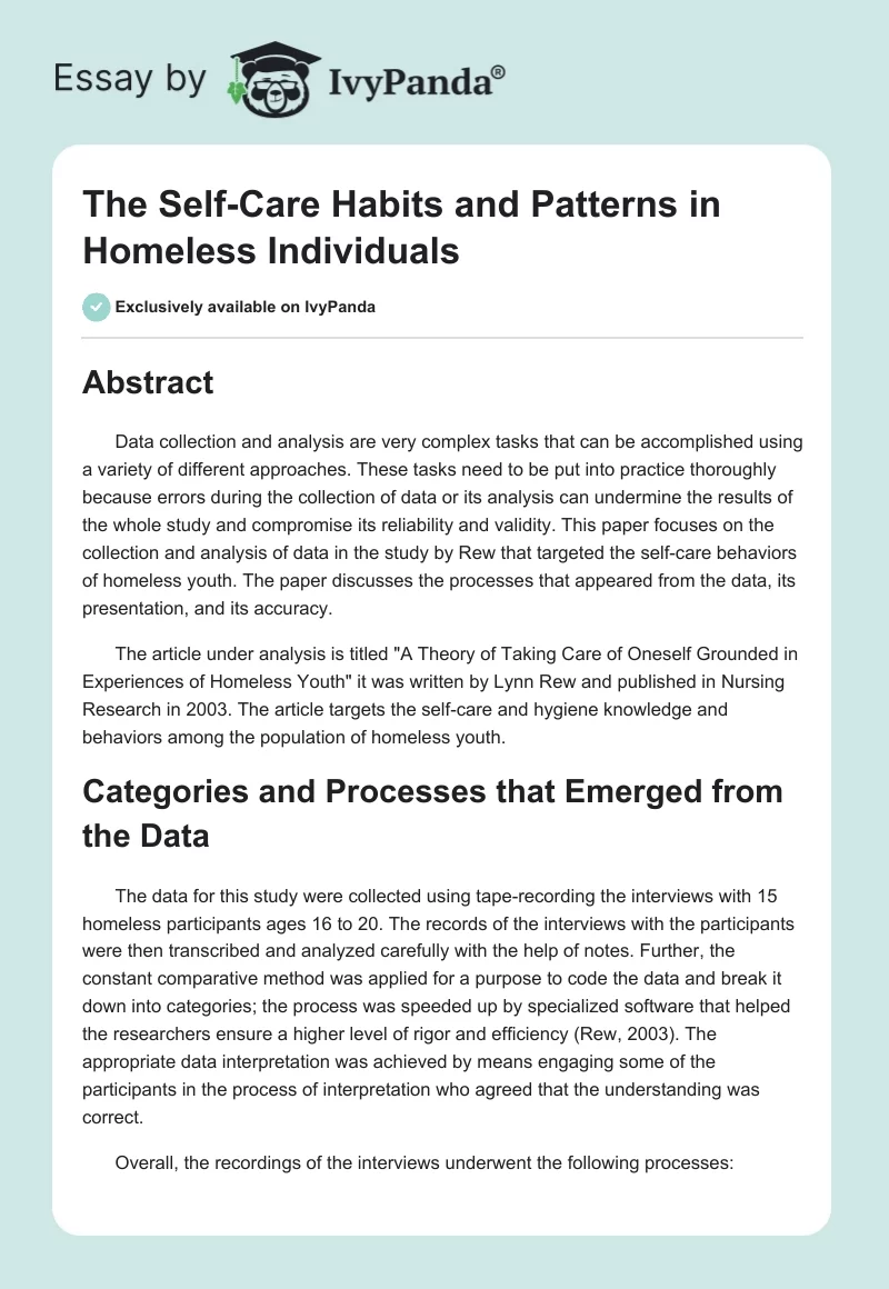 The Self-Care Habits and Patterns in Homeless Individuals. Page 1
