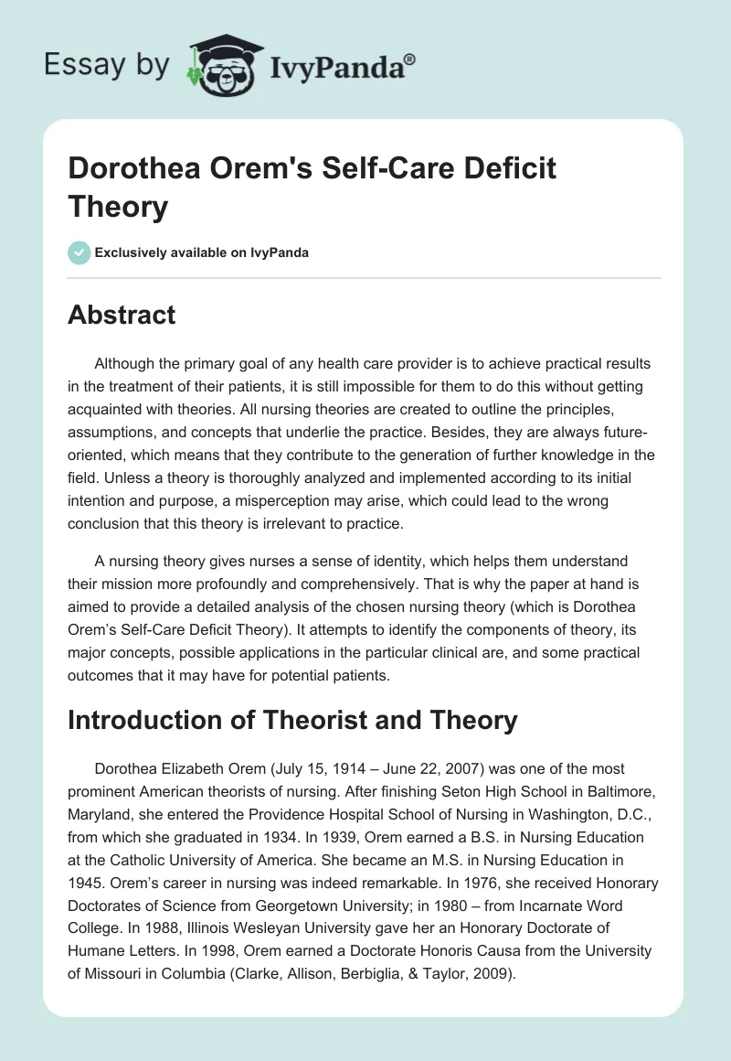 Dorothea Orem's Self-Care Deficit Theory. Page 1