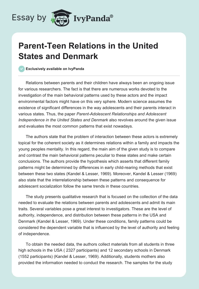 Parent-Teen Relations in the United States and Denmark. Page 1