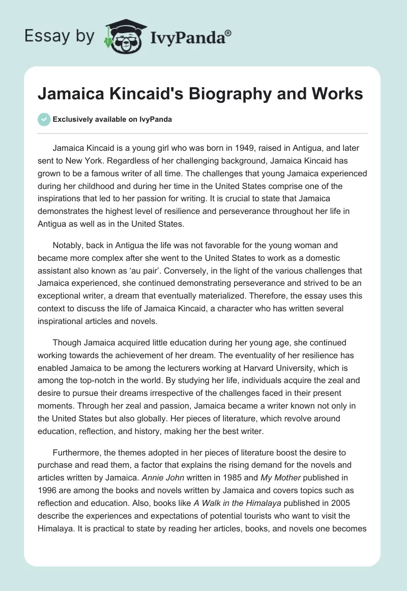 Jamaica Kincaid's Biography and Works. Page 1