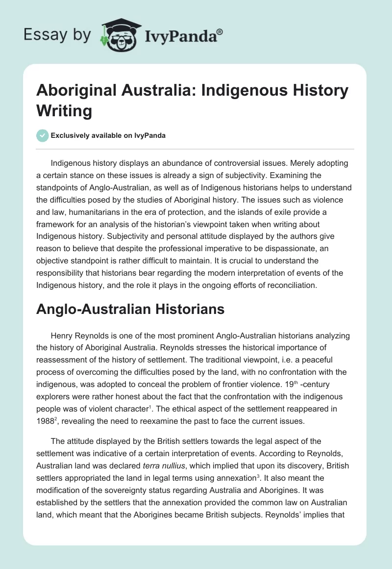 Aboriginal Australia: Indigenous History Writing. Page 1