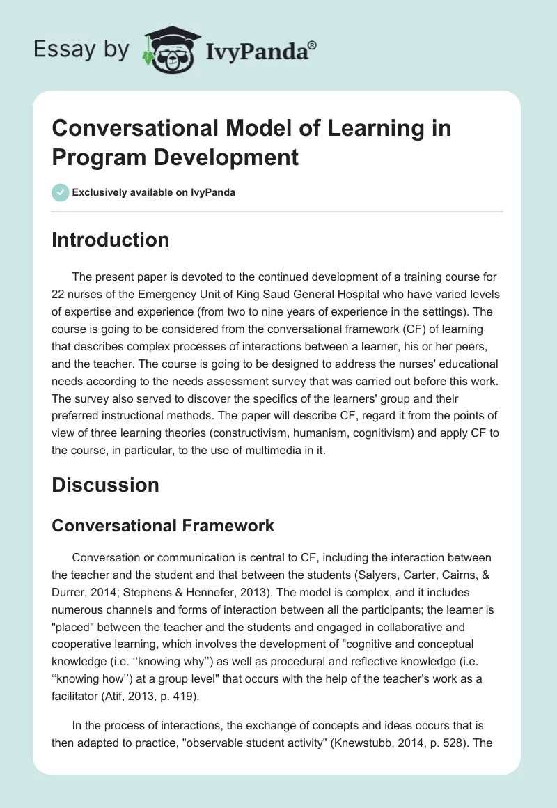 Conversational Model of Learning in Program Development. Page 1
