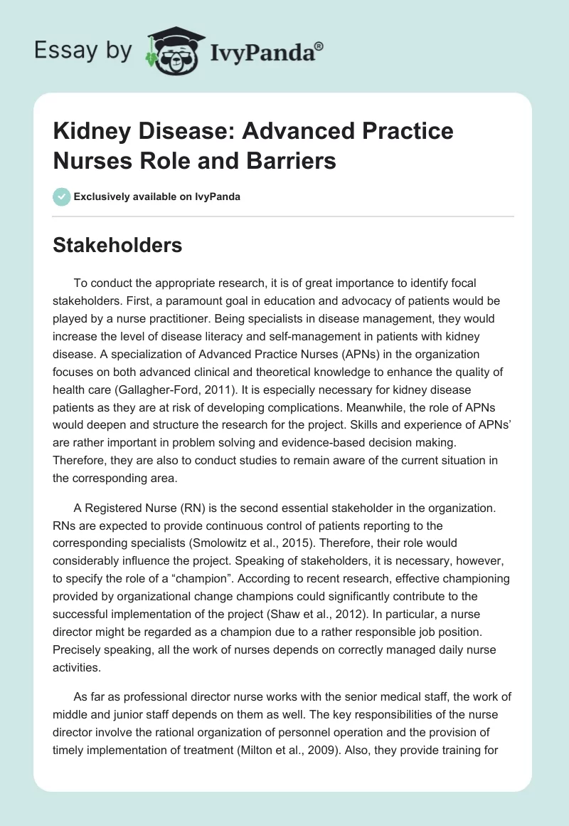 Kidney Disease: Advanced Practice Nurses Role and Barriers. Page 1