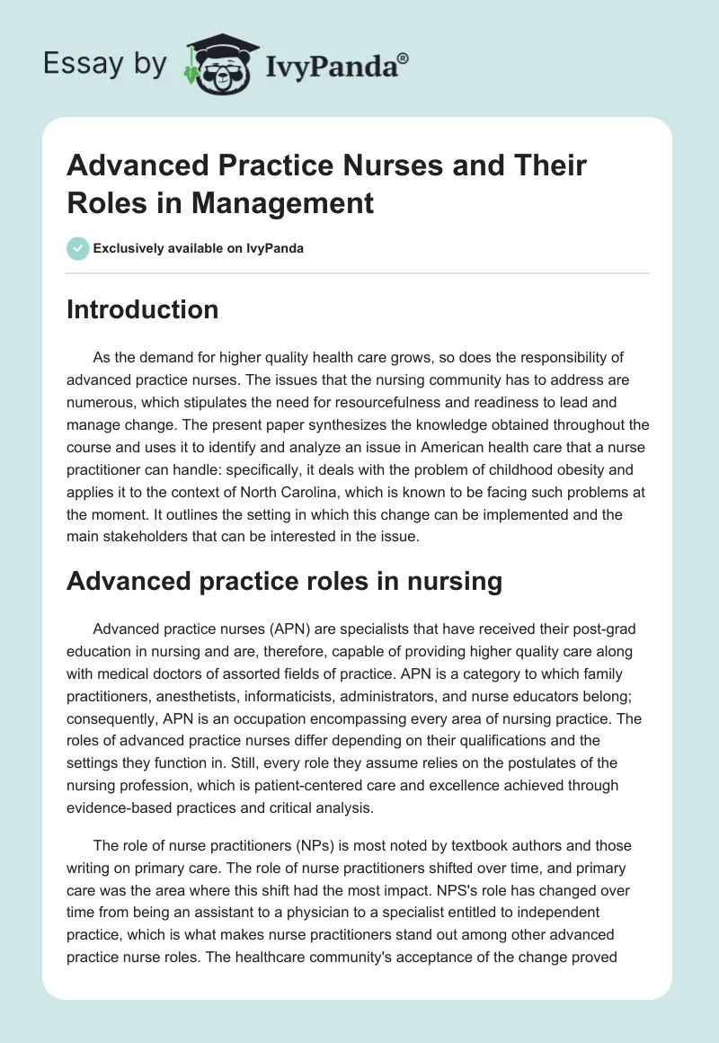 Advanced Practice Nurses and Their Roles in Management. Page 1