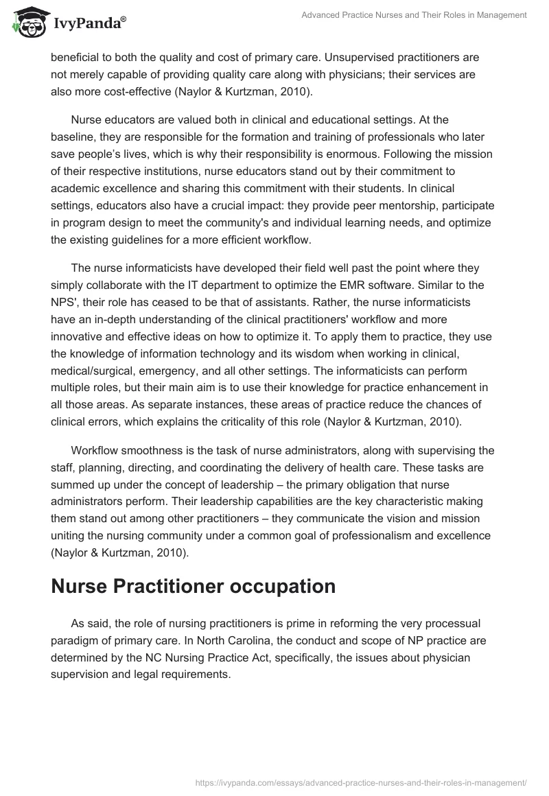 Advanced Practice Nurses and Their Roles in Management. Page 2