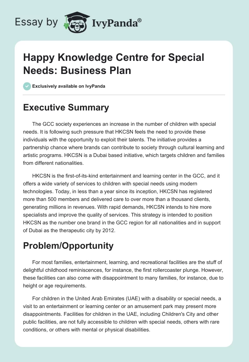 Happy Knowledge Centre for Special Needs: Business Plan. Page 1