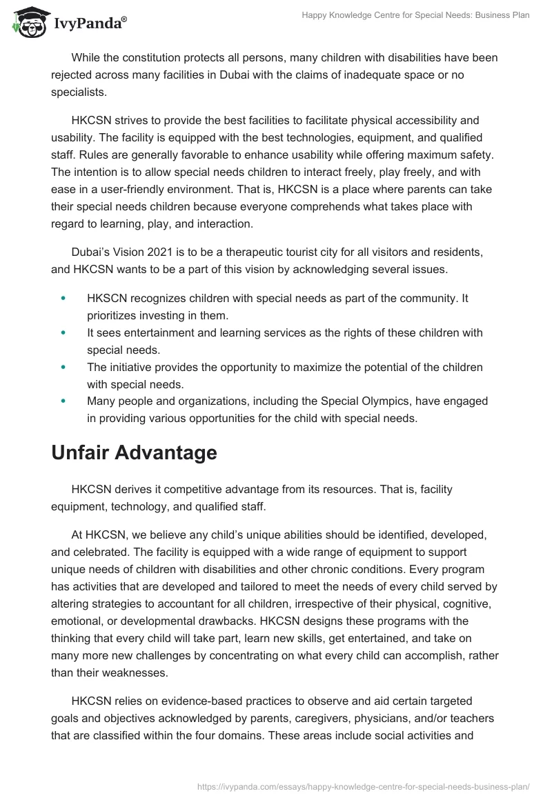 Happy Knowledge Centre for Special Needs: Business Plan. Page 3