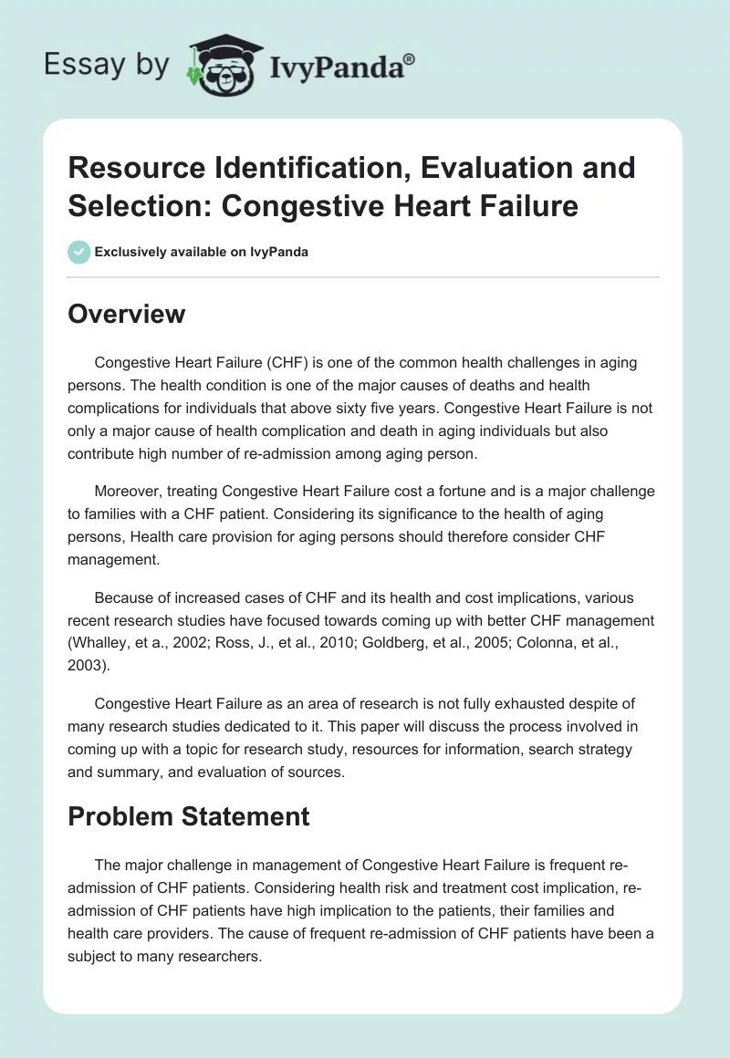 Resource Identification, Evaluation and Selection: Congestive Heart Failure. Page 1