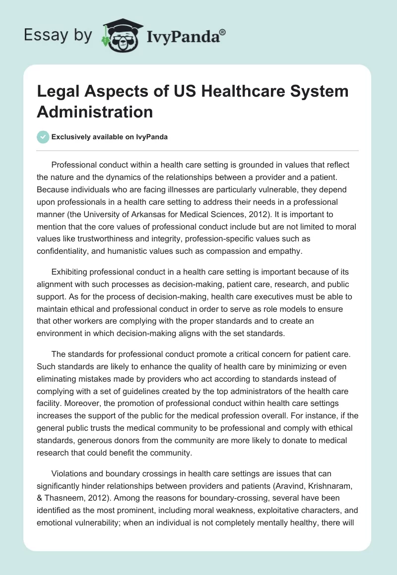 Legal Aspects of US Healthcare System Administration. Page 1