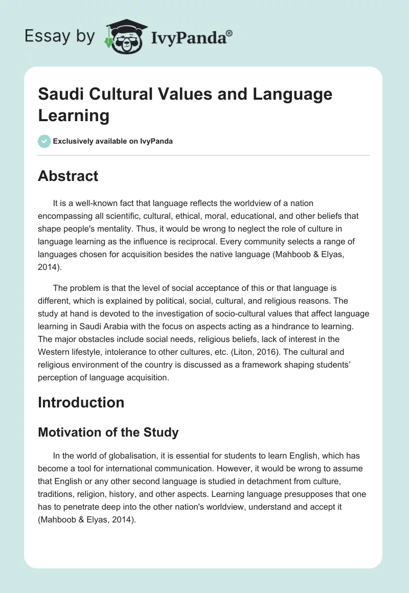 Saudi Cultural Values and Language Learning. Page 1