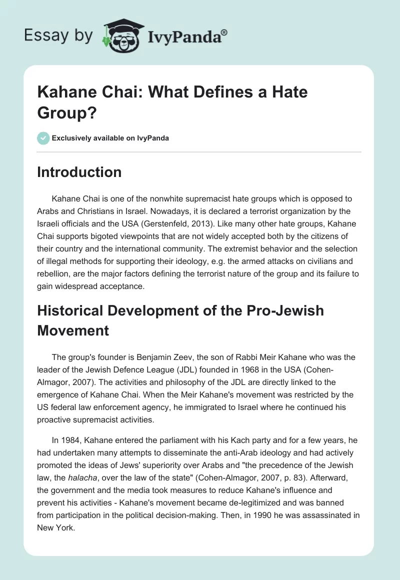 Kahane Chai: What Defines a Hate Group?. Page 1