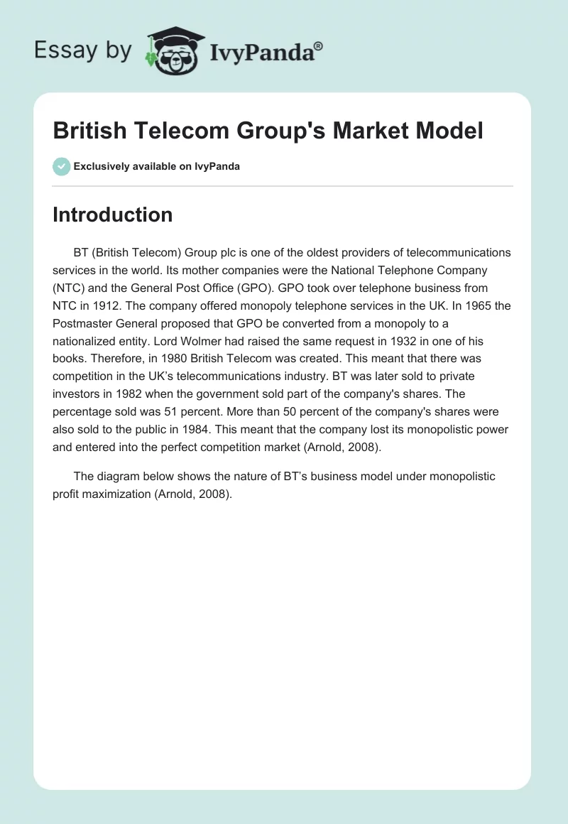 British Telecom Group's Market Model. Page 1