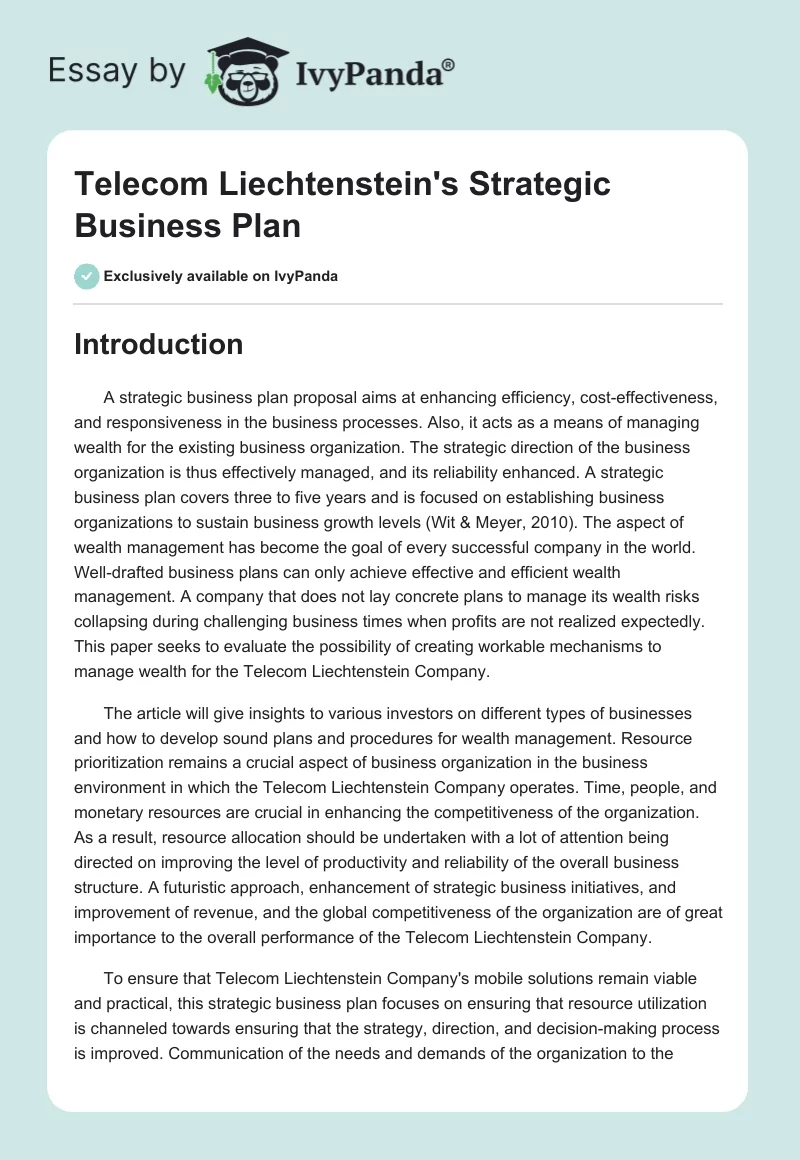 Telecom Liechtenstein's Strategic Business Plan. Page 1