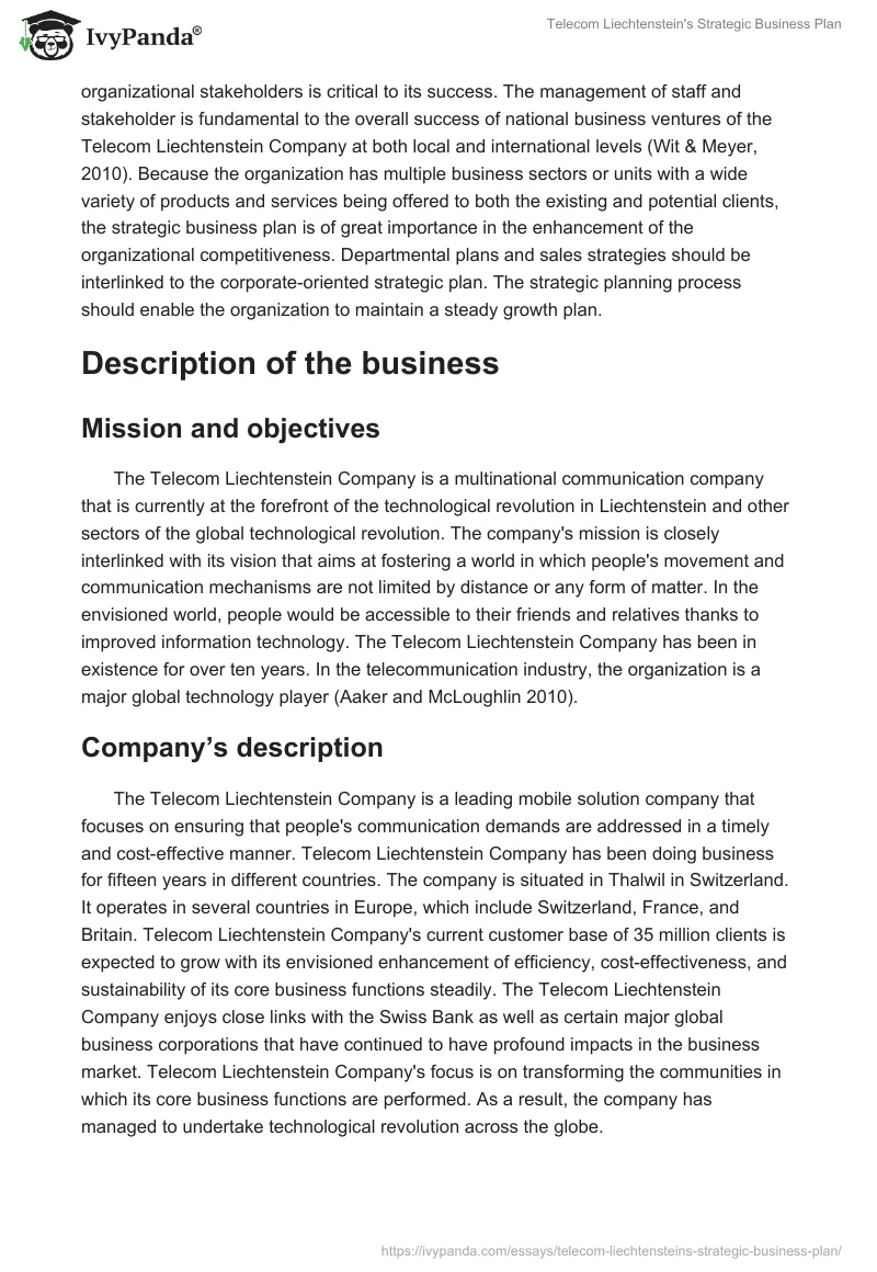 Telecom Liechtenstein's Strategic Business Plan. Page 2