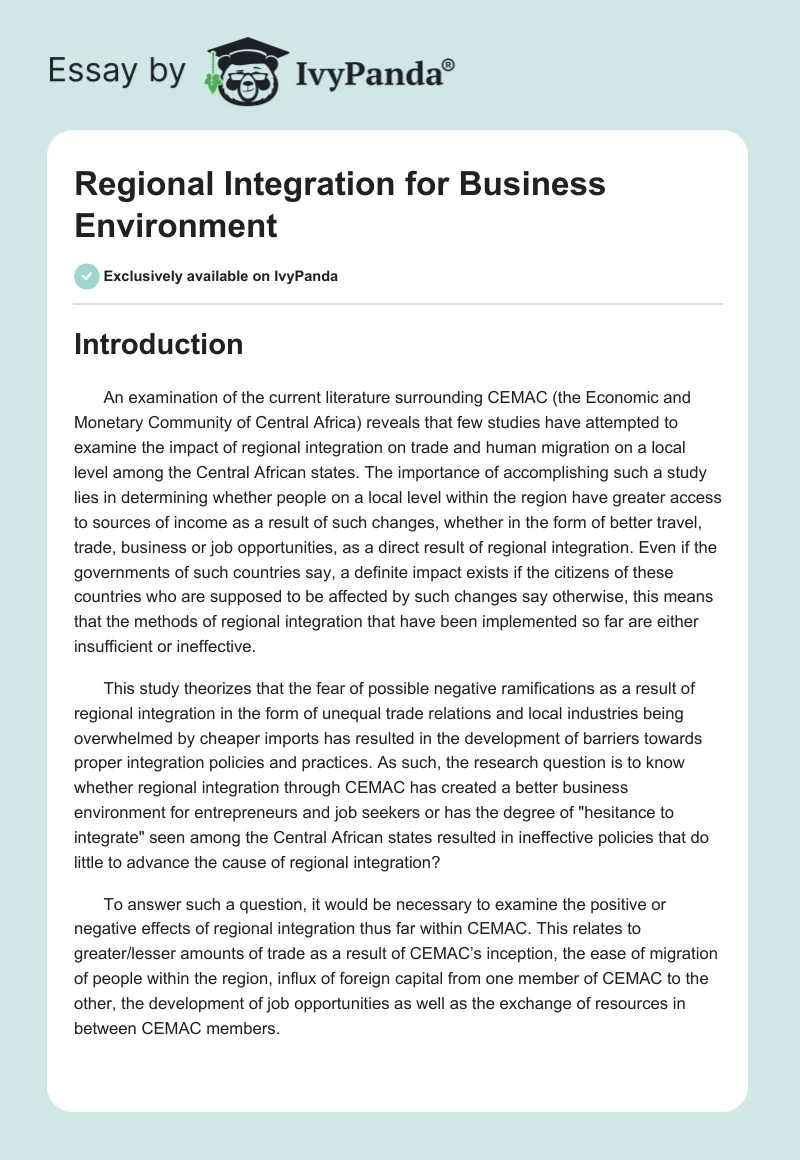 Regional Integration for Business Environment. Page 1
