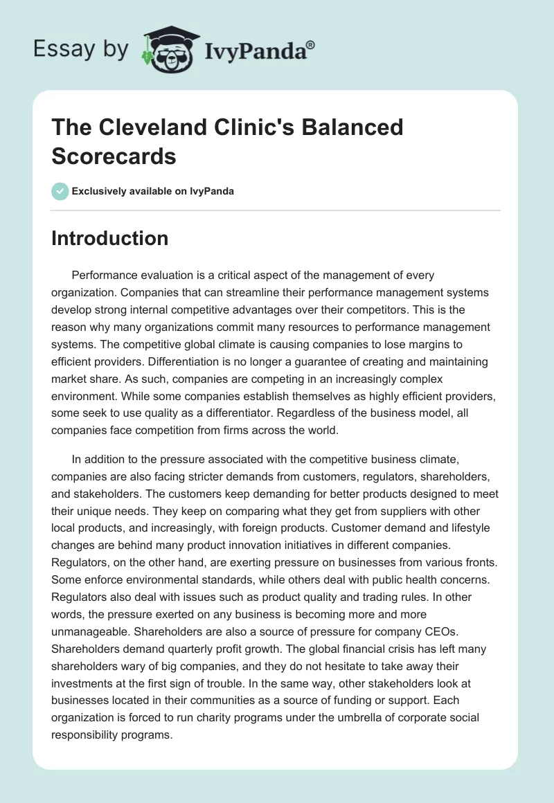 The Cleveland Clinic's Balanced Scorecards. Page 1
