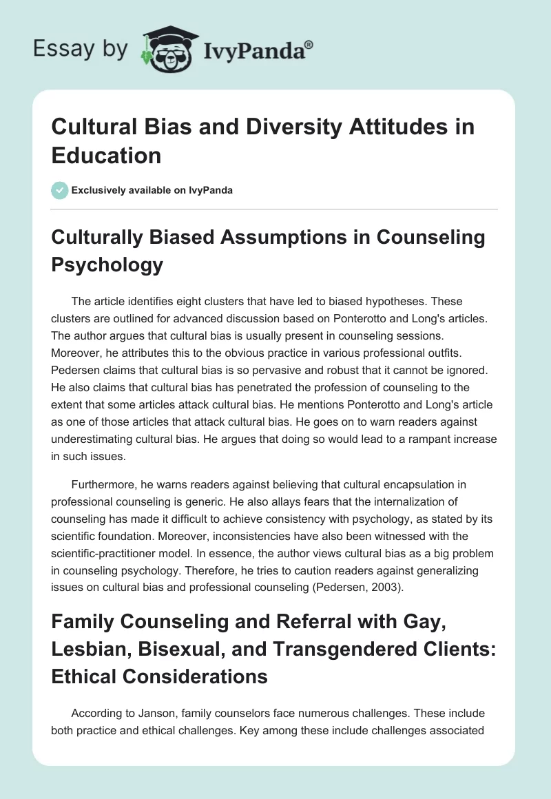 Cultural Bias and Diversity Attitudes in Education. Page 1