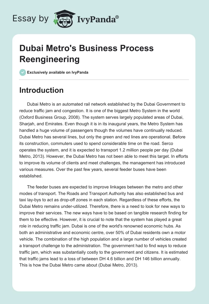Dubai Metro's Business Process Reengineering. Page 1
