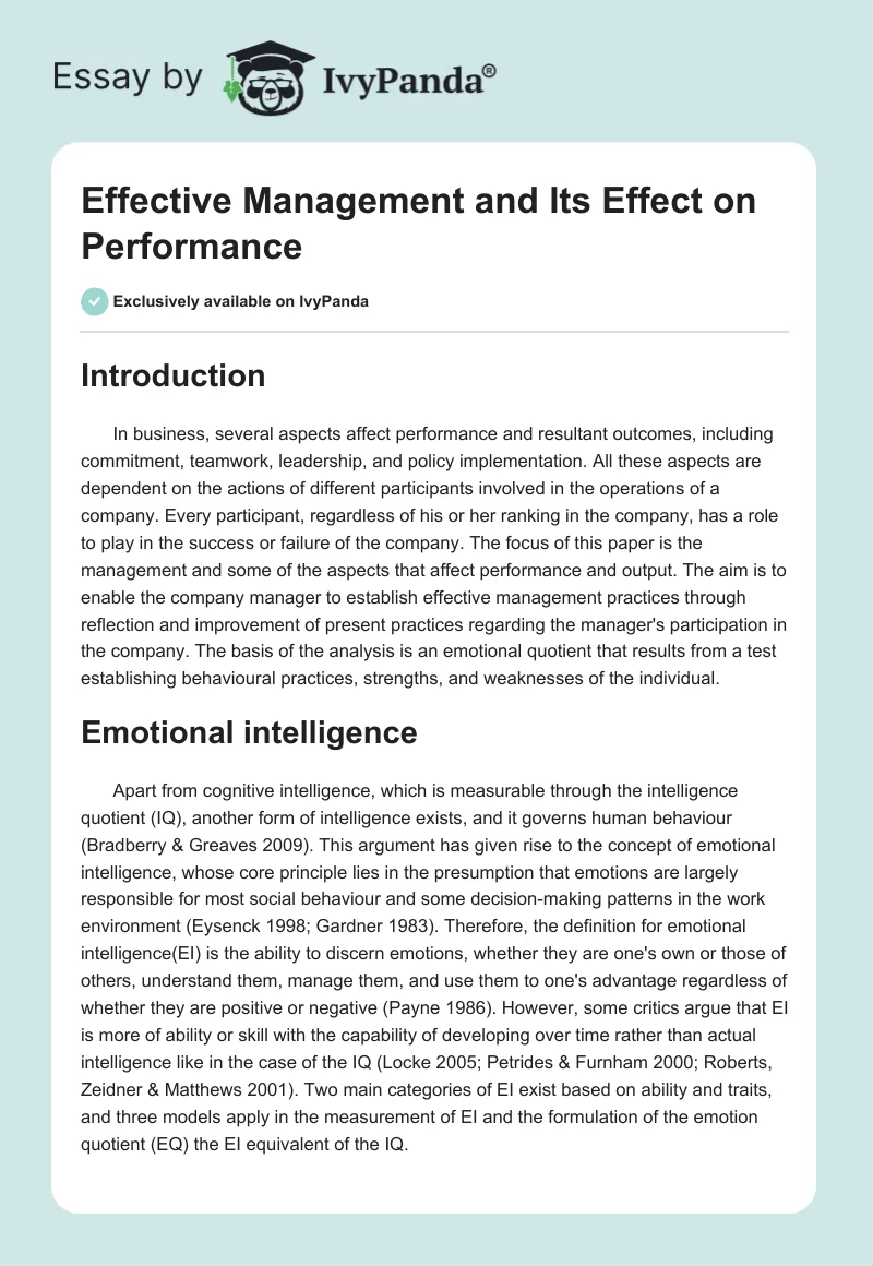 Effective Management and Its Effect on Performance. Page 1