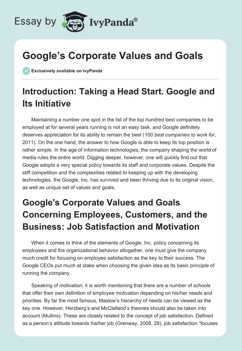 Google’s Corporate Values and Goals. Page 1