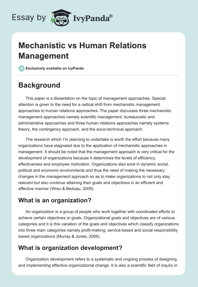 Mechanistic vs Human Relations Management. Page 1