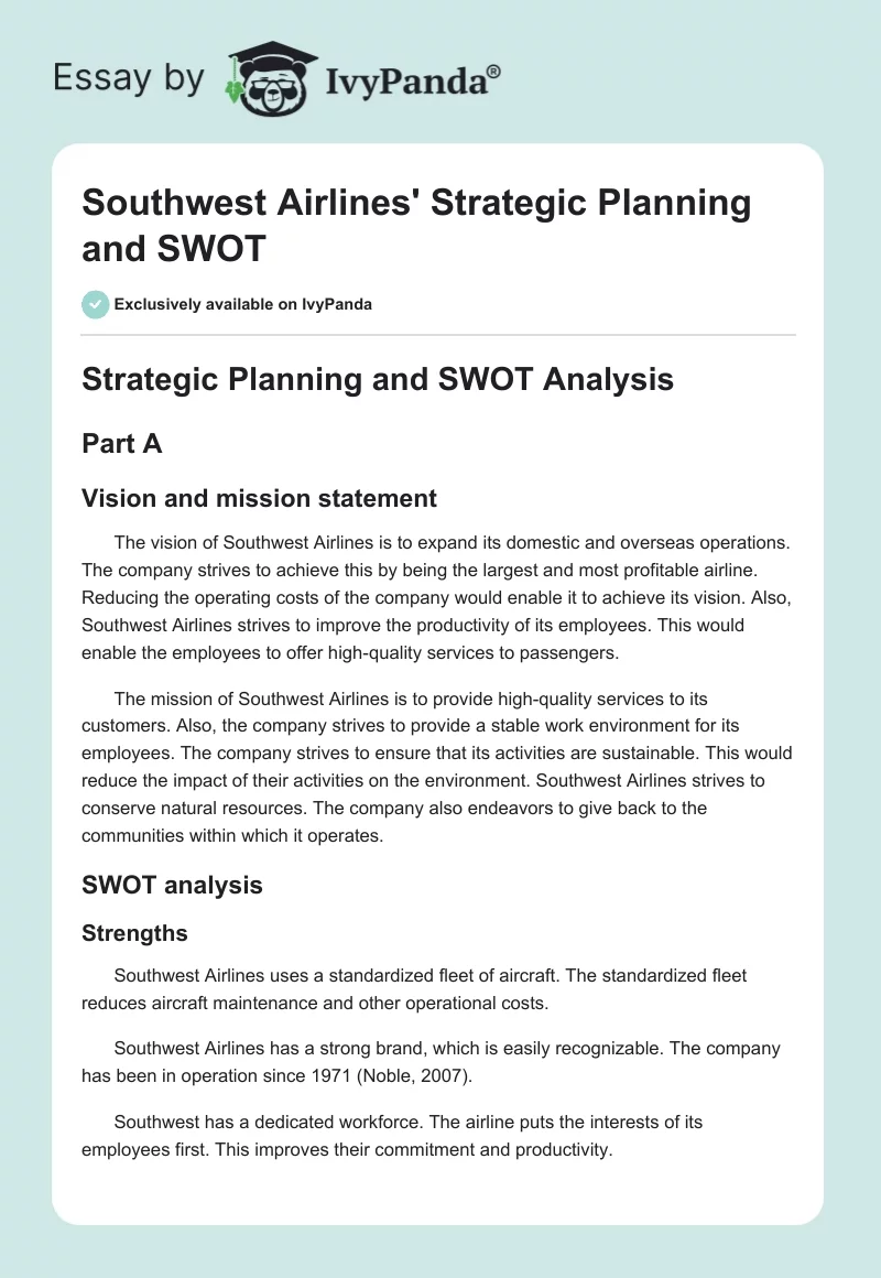 Southwest Airlines' Strategic Planning and SWOT. Page 1