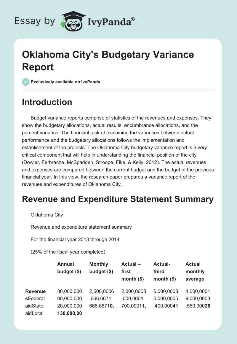 Oklahoma City's Budgetary Variance Report. Page 1