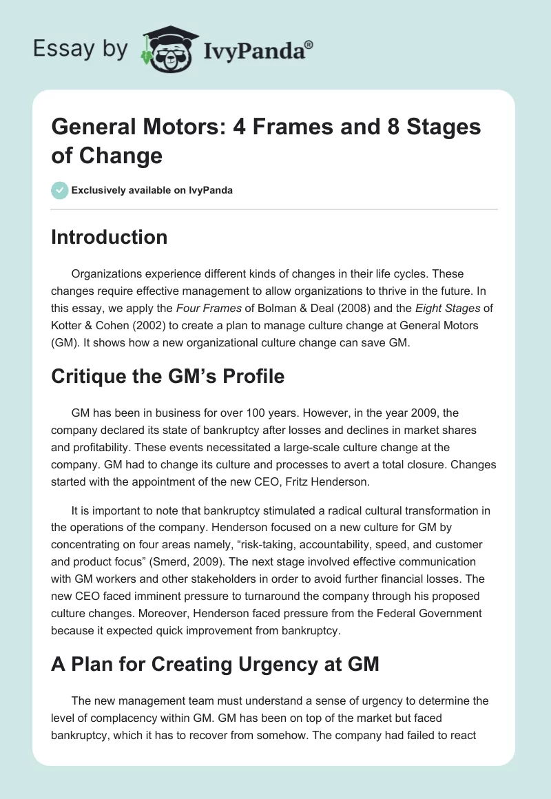 General Motors: 4 Frames and 8 Stages of Change. Page 1