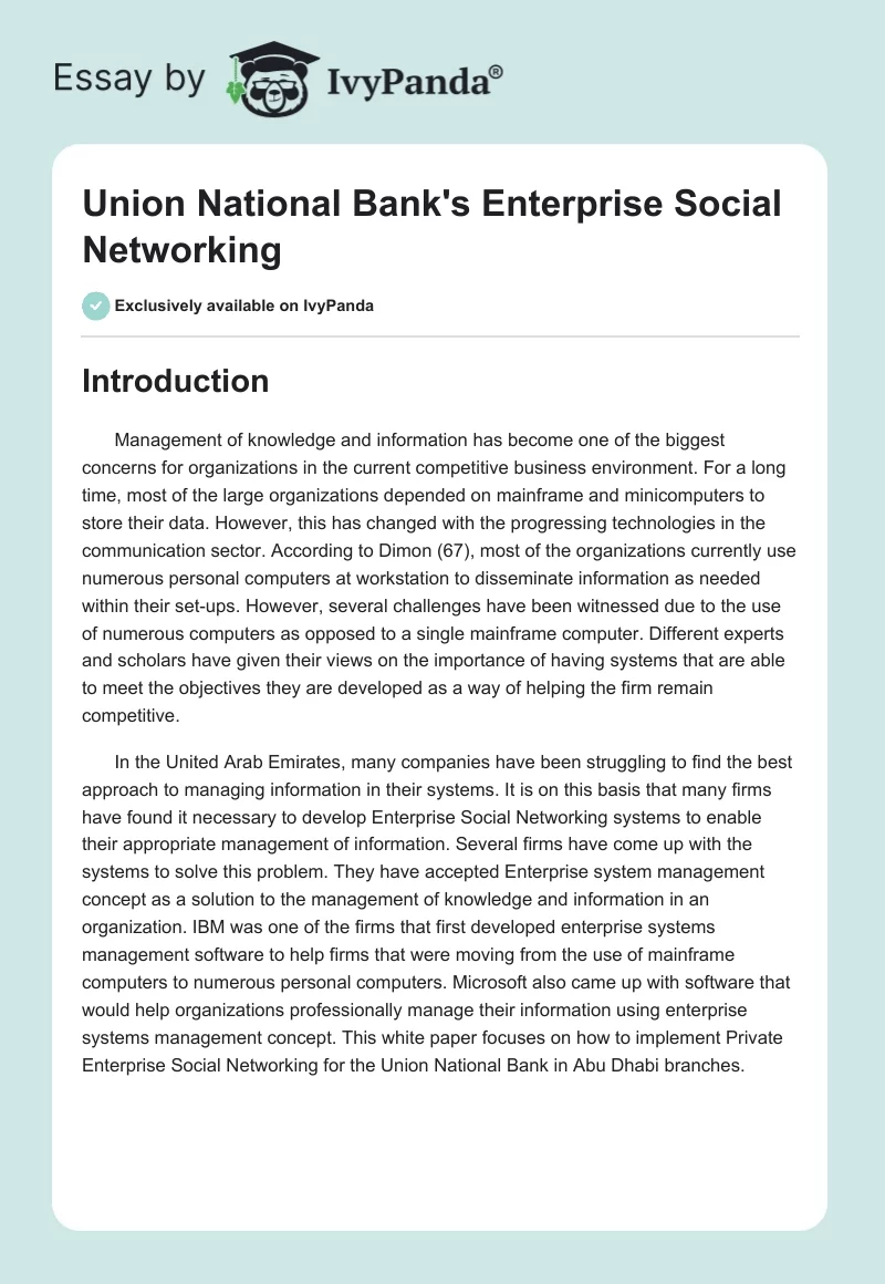 Union National Bank's Enterprise Social Networking. Page 1
