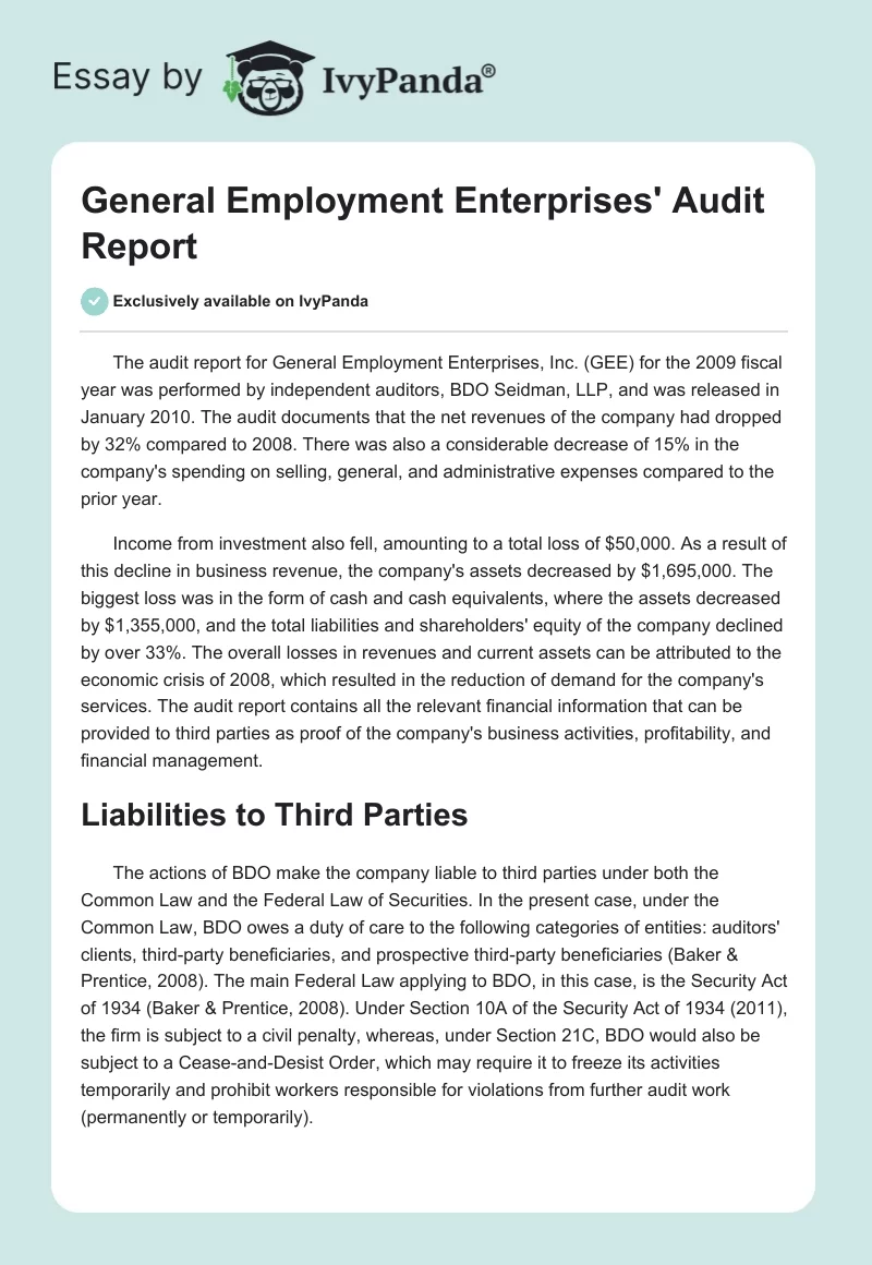 General Employment Enterprises' Audit Report. Page 1