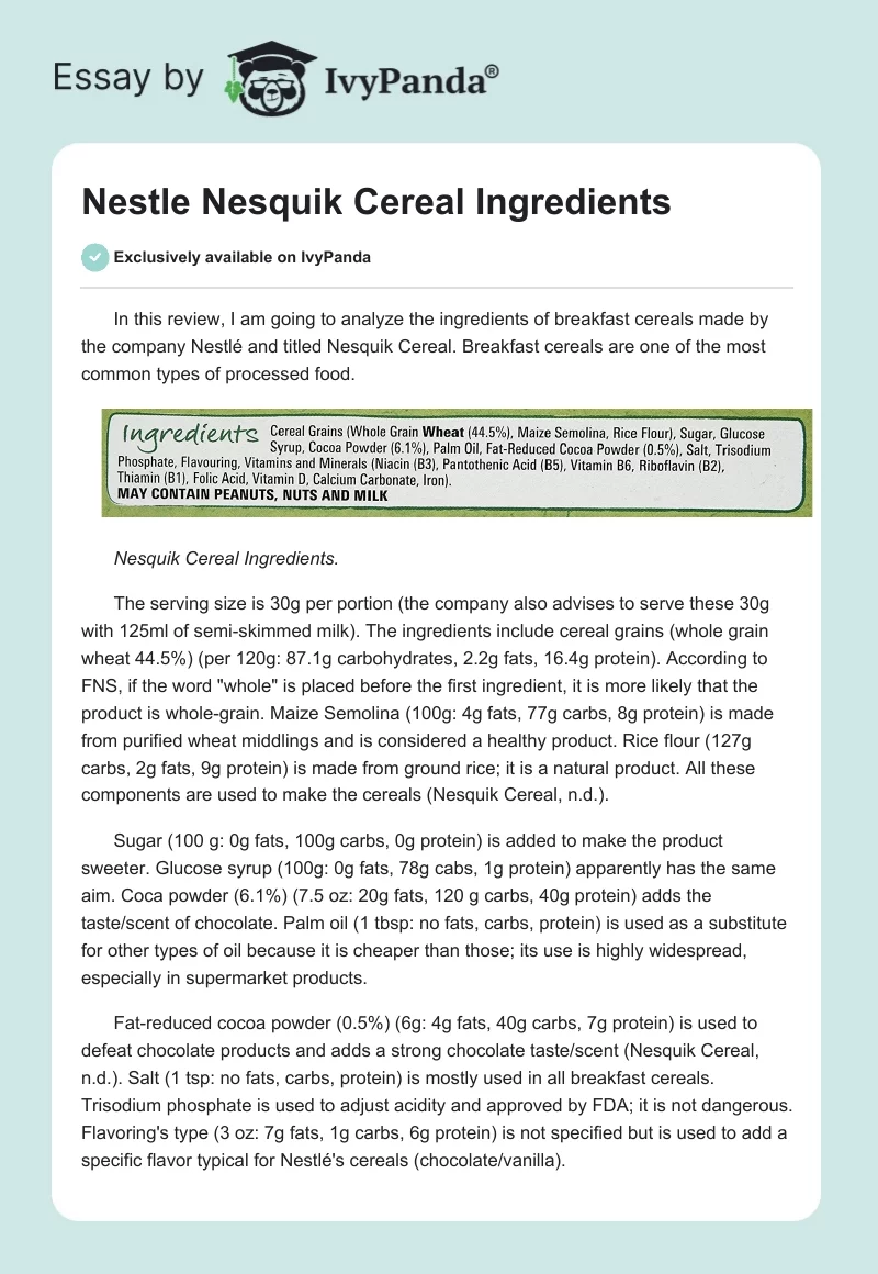 Nestle Nesquik Cereal Ingredients. Page 1