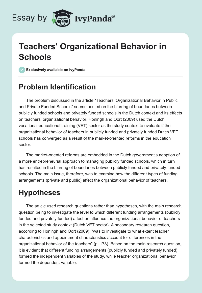 Teachers' Organizational Behavior in Schools. Page 1