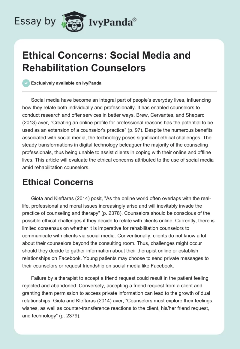 Ethical Concerns: Social Media and Rehabilitation Counselors. Page 1