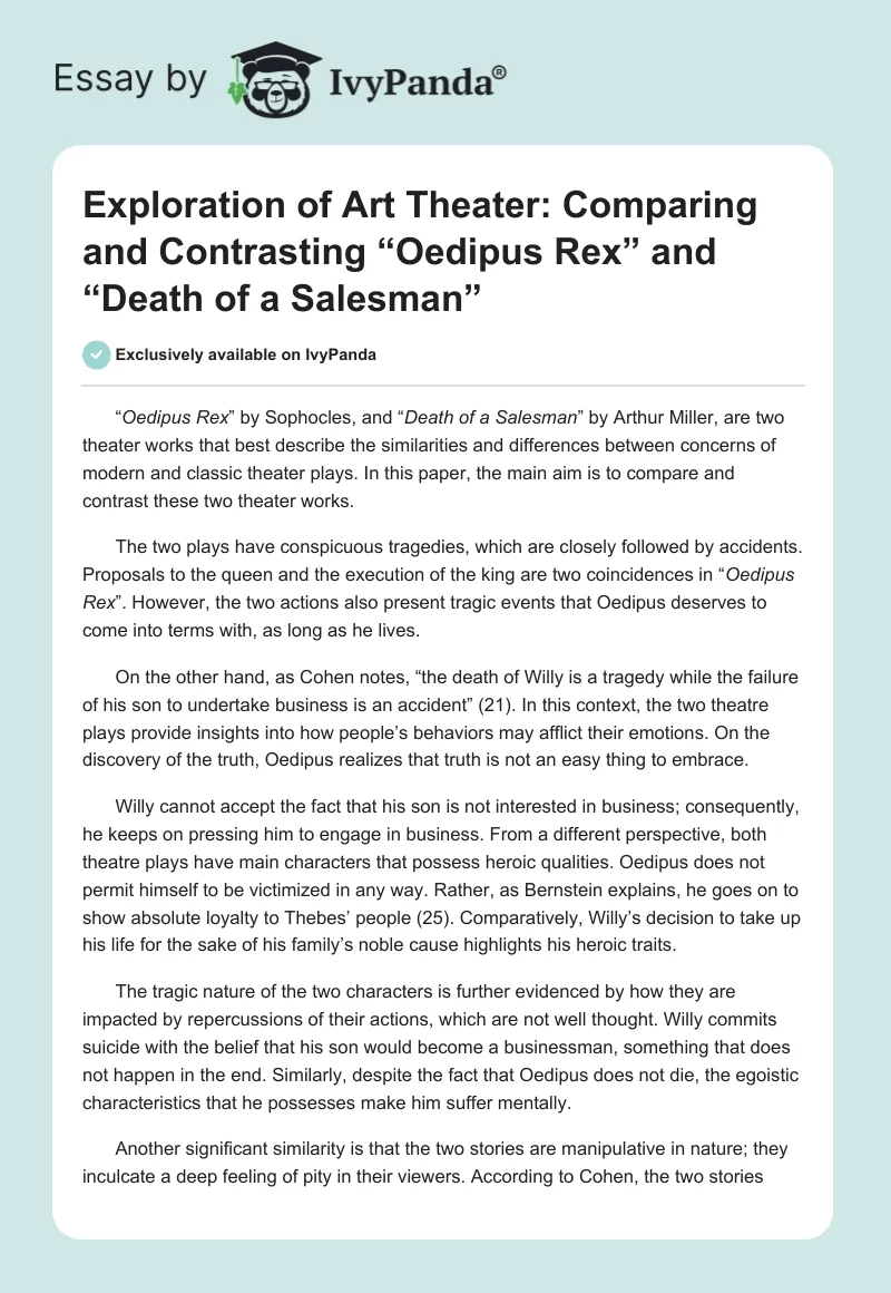 Exploration of Art Theater: Comparing and Contrasting “Oedipus Rex” and “Death of a Salesman”. Page 1