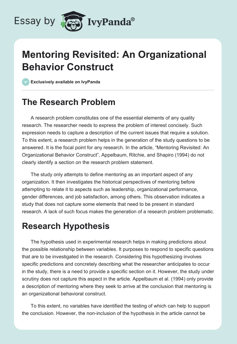 Mentoring Revisited: An Organizational Behavior Construct. Page 1