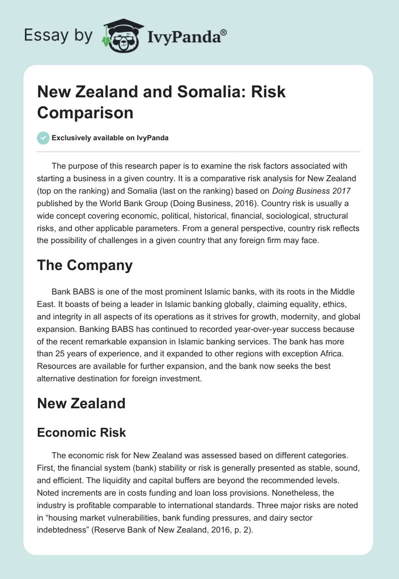 New Zealand and Somalia: Risk Comparison. Page 1
