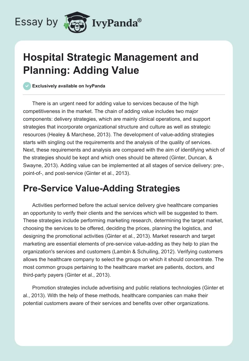 Hospital Strategic Management and Planning: Adding Value. Page 1