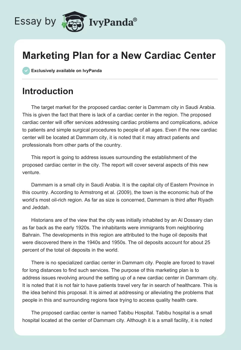 Marketing Plan for a New Cardiac Center. Page 1